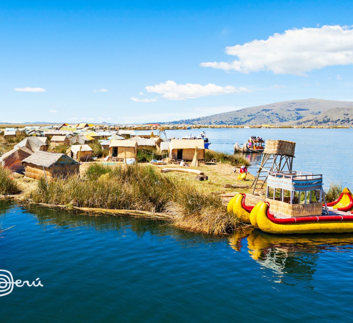A pair of boats docked next to one of Lake Titicaca's floating islands