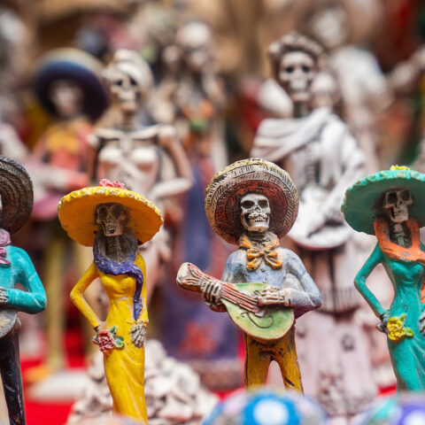 Traditional handcrafted Mexican souvenirs for sale at marketplace