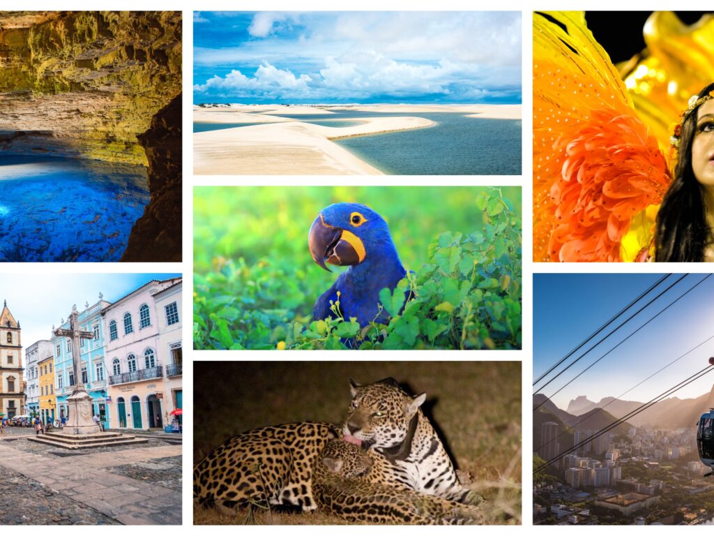 A collage of Brazil's unusual things to do, including: the blue caves of Bahia, Salvador's old town, Lencois Maranhenses' lagoons, a hyacinth macaw, a mother jaguar and cub, Rio de Janeiro's carnival and one of Sugarloaf Mountain's cable cars