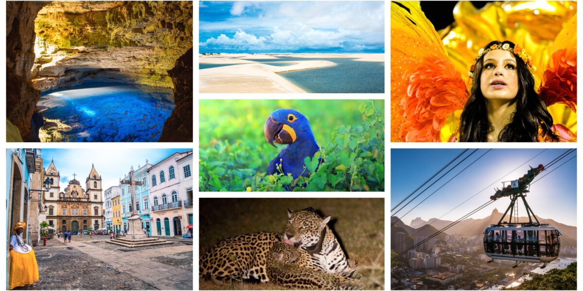 A collage of Brazil's unusual things to do, including: the blue caves of Bahia, Salvador's old town, Lencois Maranhenses' lagoons, a hyacinth macaw, a mother jaguar and cub, Rio de Janeiro's carnival and one of Sugarloaf Mountain's cable cars