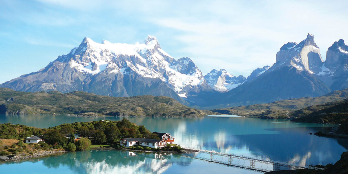 Blue skies over mountains in Torres Del Paine.