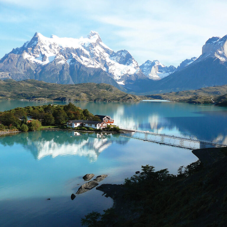 Blue skies over mountains in Torres Del Paine.