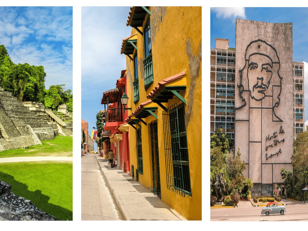 Collage depicting different historical sites in Latin America such as a Che Guevara mural and a Mayan temple