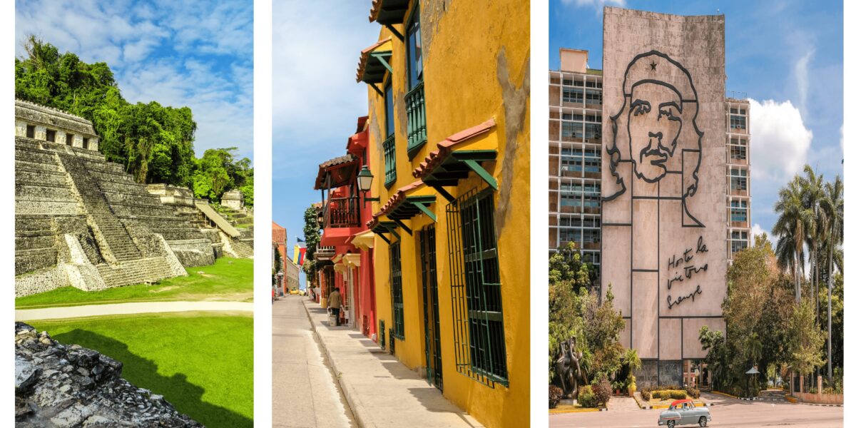 Collage depicting different historical sites in Latin America such as a Che Guevara mural and a Mayan temple