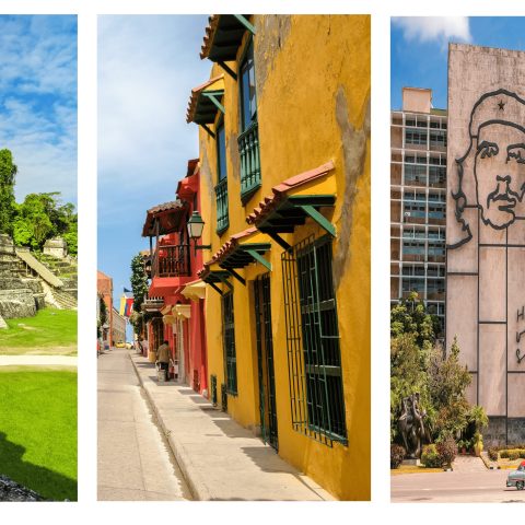 Collage depicting different historical sites in Latin America such as a Che Guevara mural and a Mayan temple