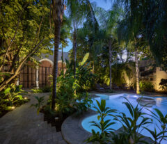 Hotel pool surrounded by trees at dusk