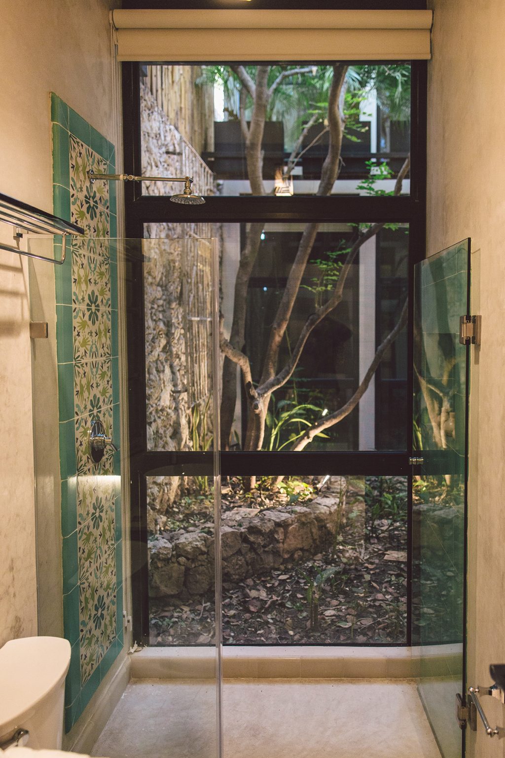 Shower with glass window overlooking greenery