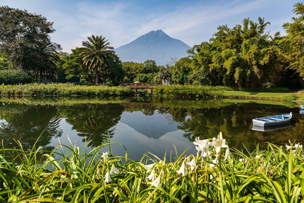 Volcano view across a lake at Villa Bokeh