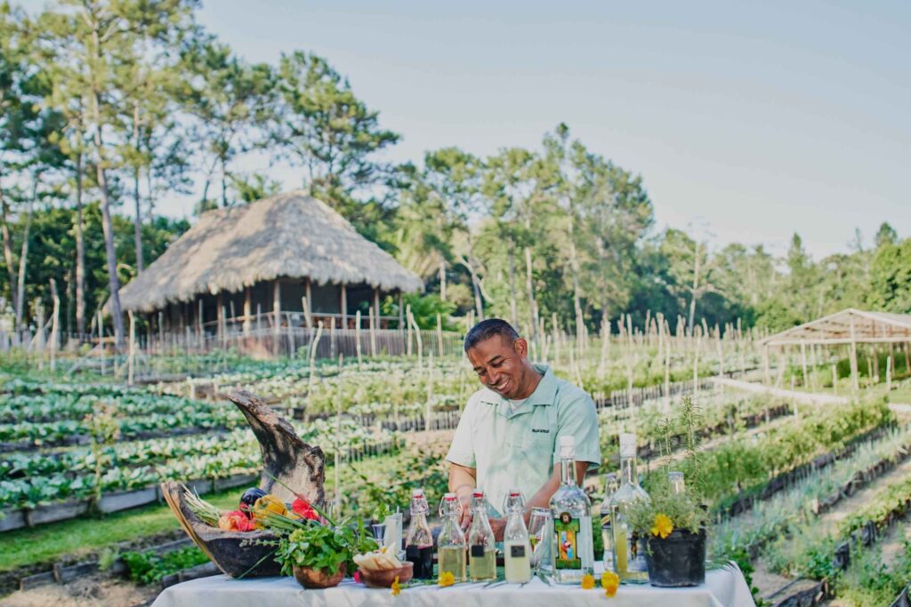 Tropical drinks being prepared in Blancaneaux Lodge's gardens