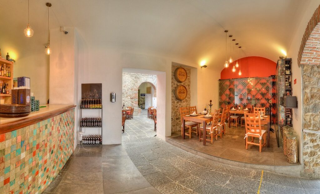 Reception area at Casareyna Hotel in in Puebla, Mexico