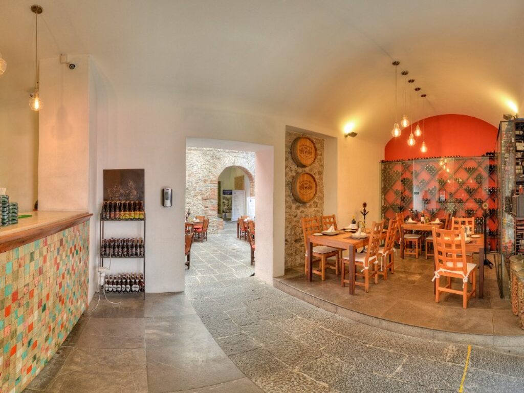 Reception area at Casareyna Hotel in in Puebla, Mexico