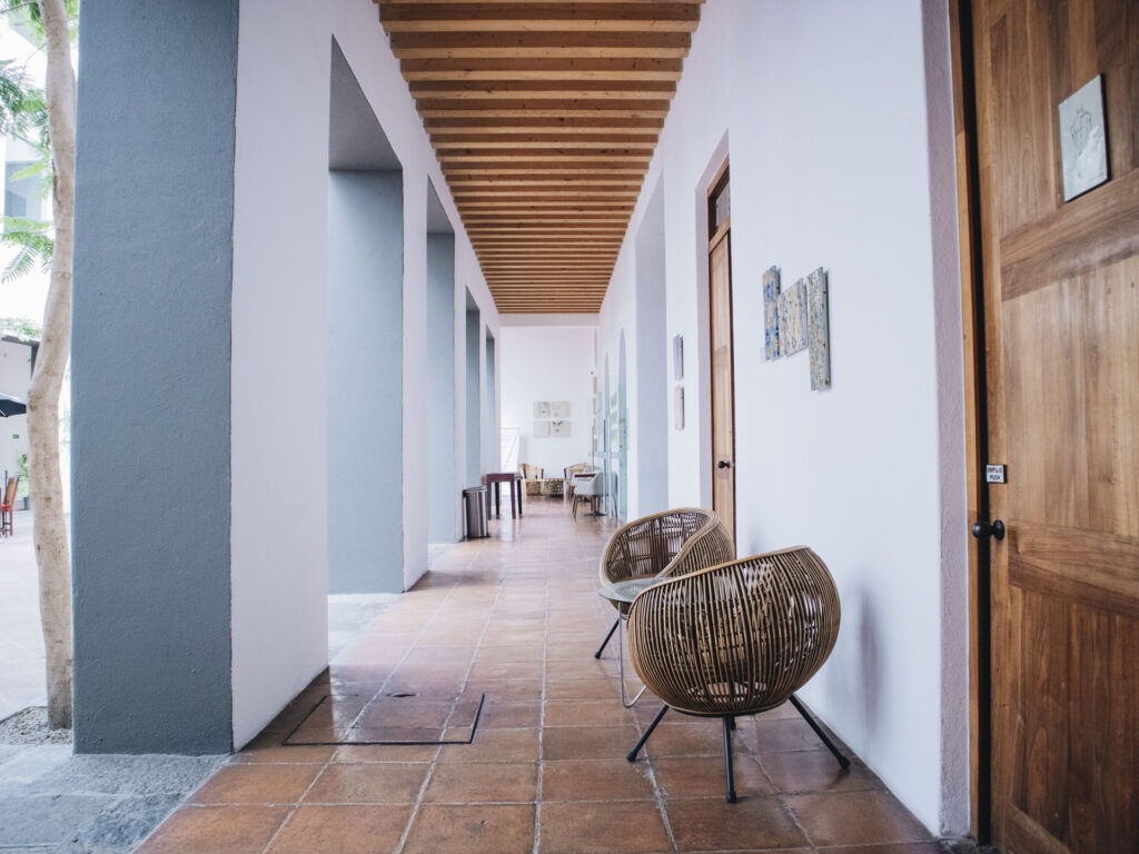 Hallway outside rooms in Casareyna Hotel in Puebla, Mexico