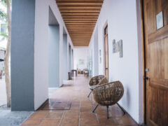 Hallway outside rooms in Casareyna Hotel in Puebla, Mexico