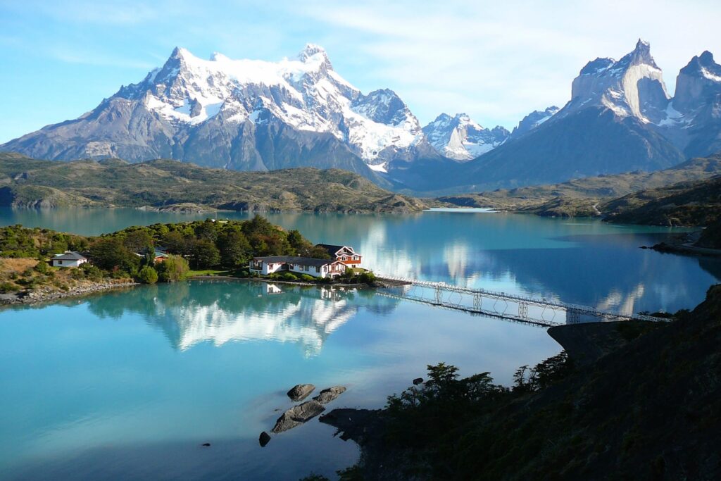 Blue skies over mountains in Torres Del Paine.