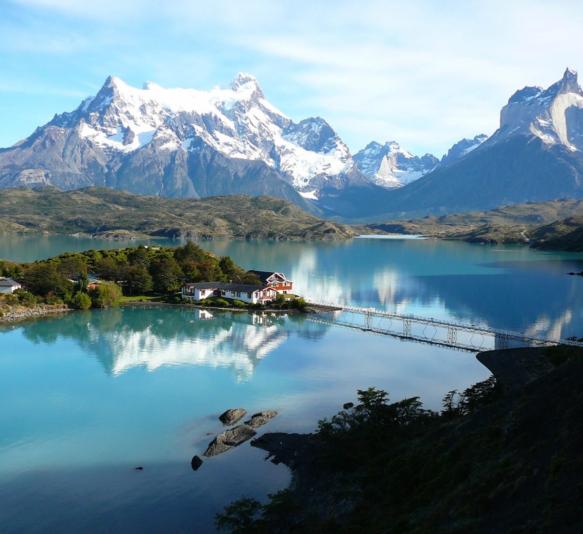 Blue skies over mountains in Torres Del Paine.