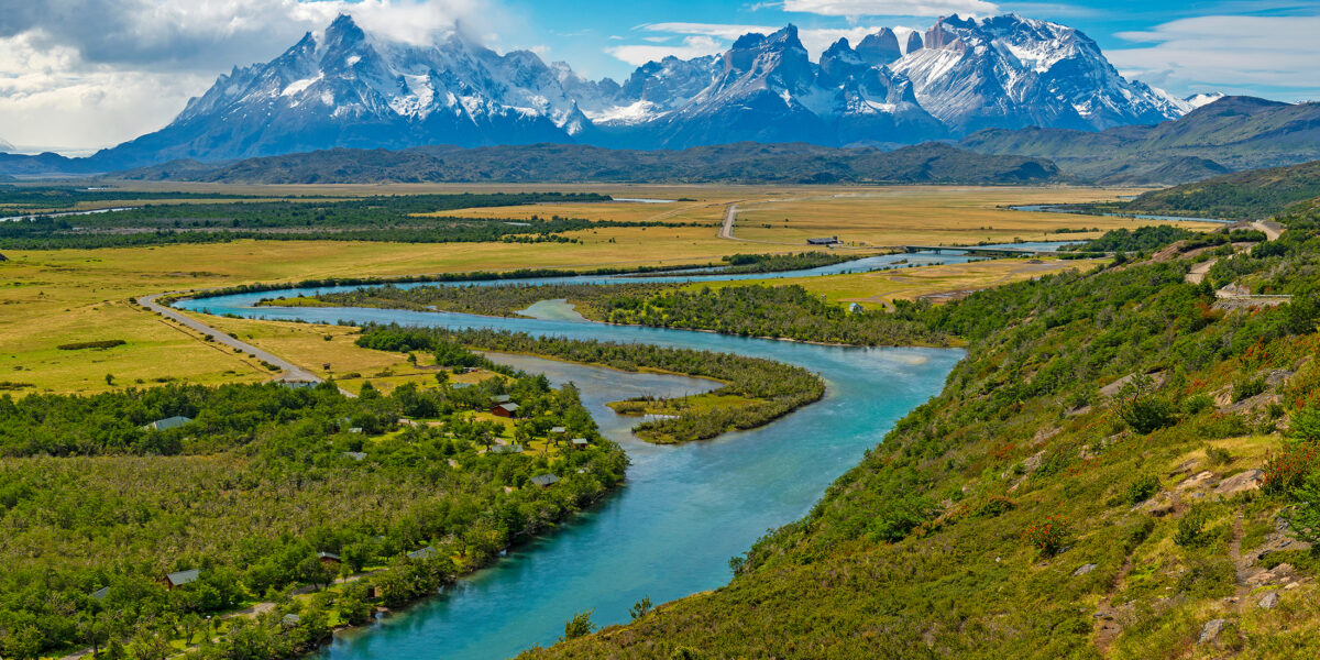 River meandering towards mountains in Torres Del Paine