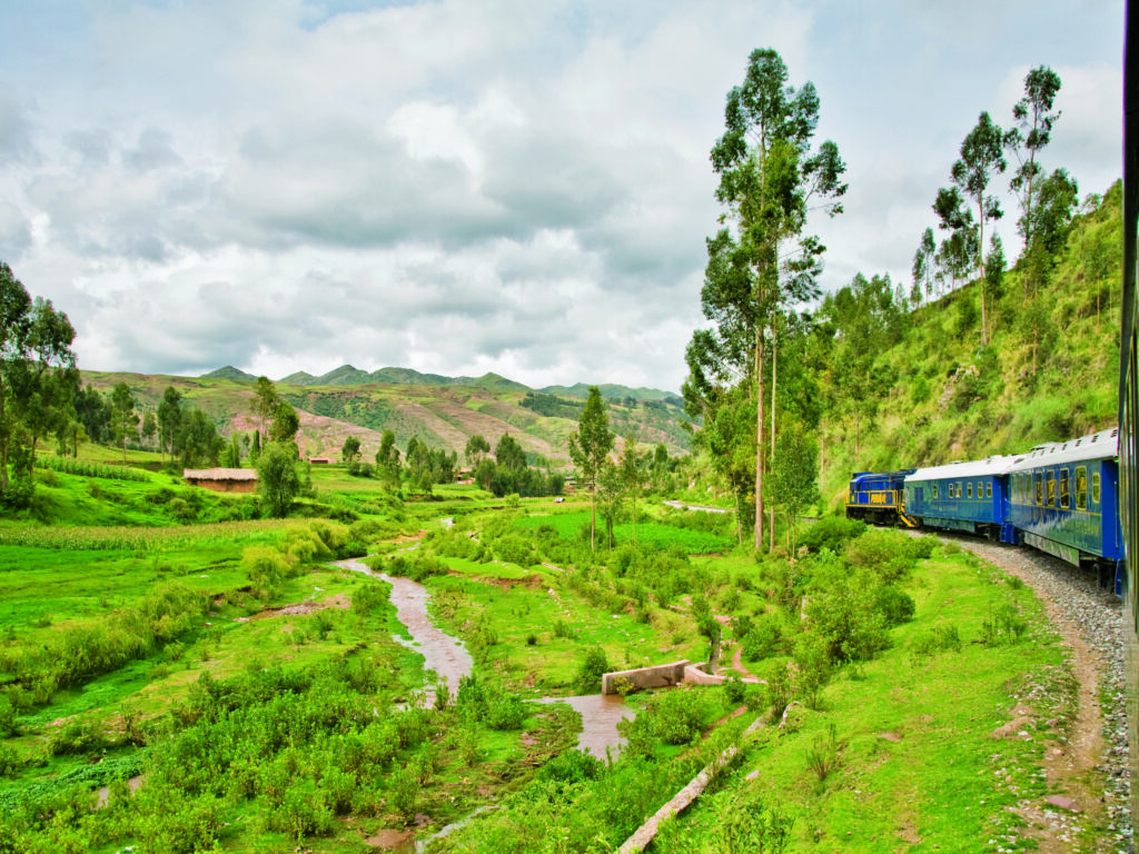 Train passing through greenery in the Peruvian Andes