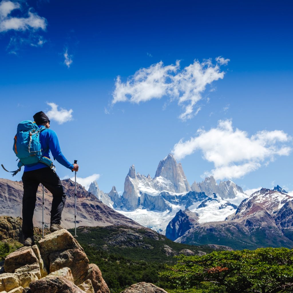 Man hiking on Mount Fitz Roy in Argentina.