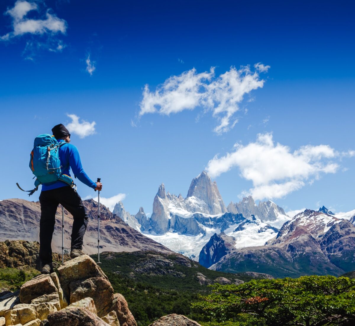 Man hiking on Mount Fitz Roy in Argentina.