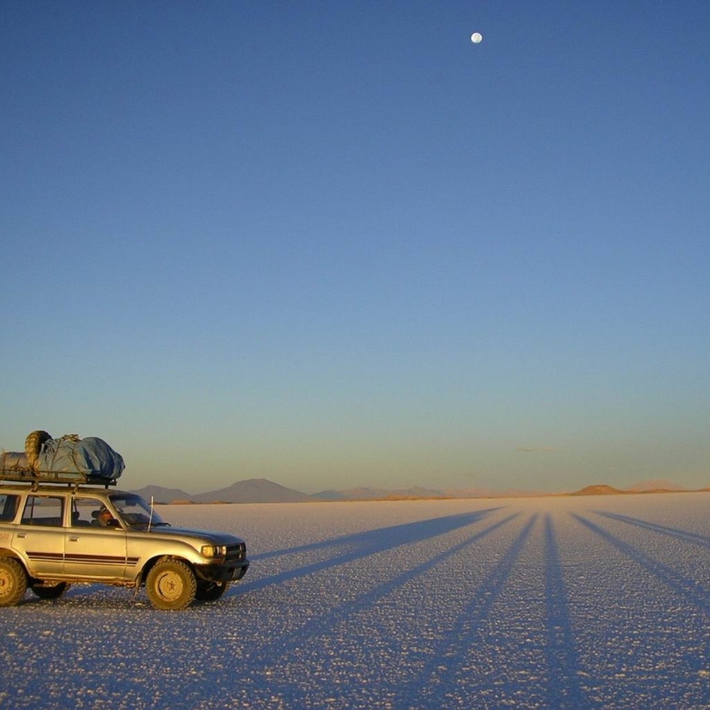 Car on the Uyuni Salt Flats
