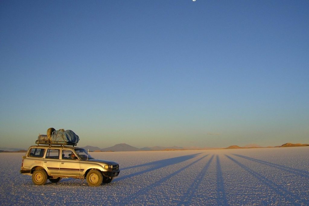 Car on the Uyuni Salt Flats
