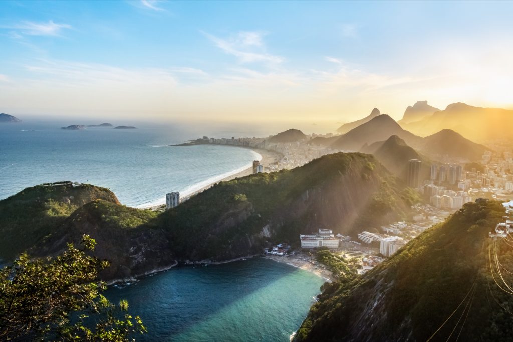 Aerial view of Rio de Janeiro Coast with Copacabana and Praia Vermelha beach at sunset – Rio de Janeiro, Brazil