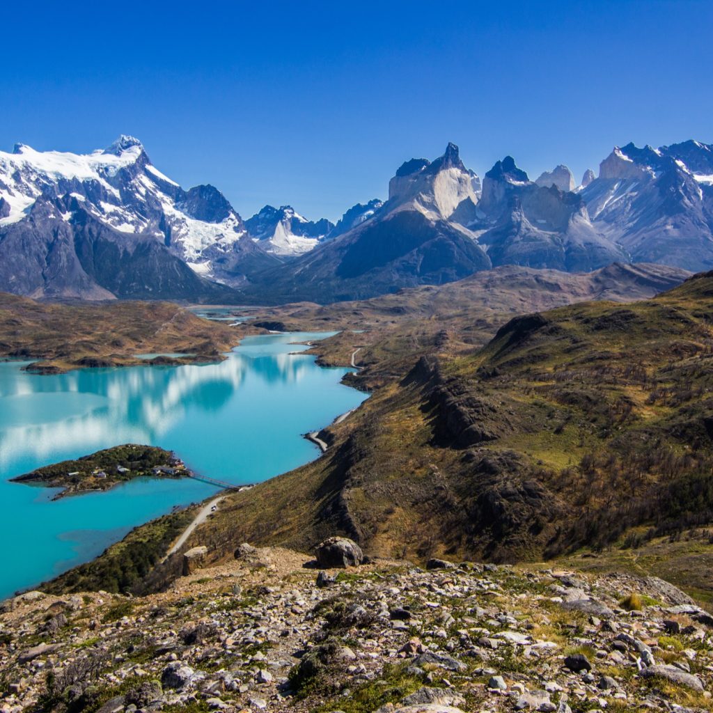 Blue skies over mountains in Torres Del Paine.