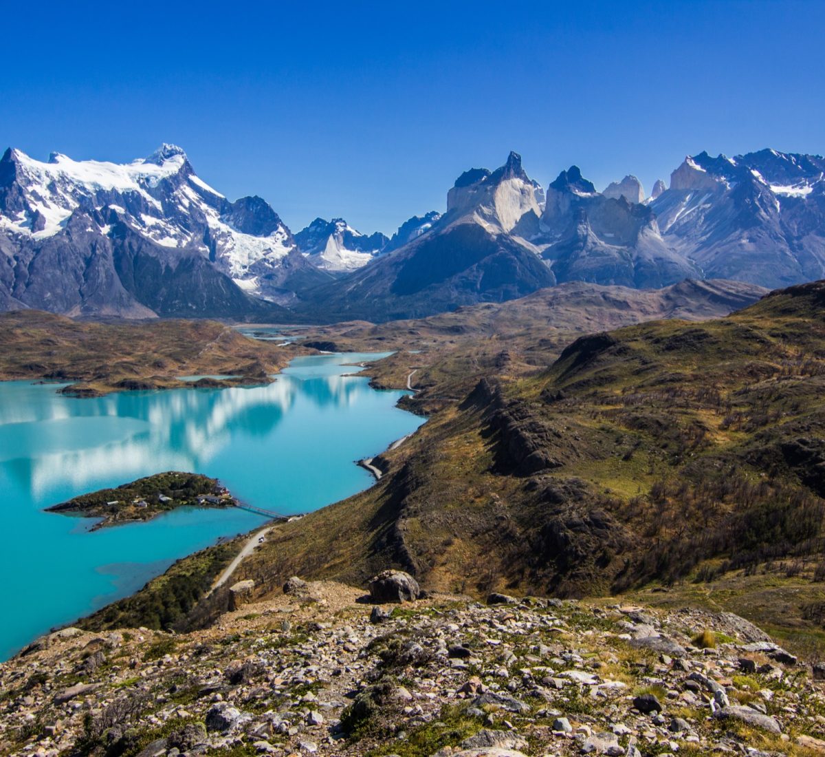 Blue skies over mountains in Torres Del Paine.