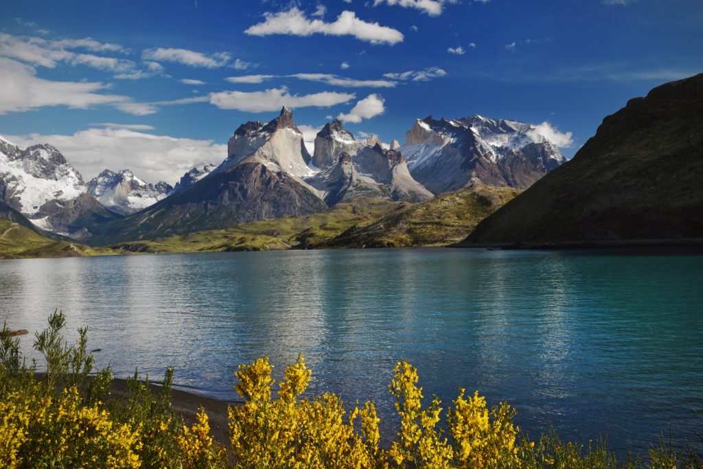 Blue skies over mountains in Torres Del Paine.