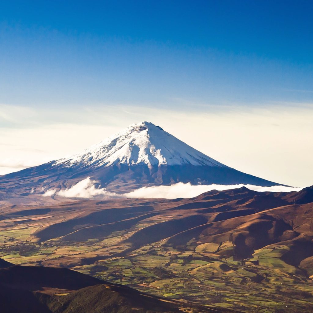 Snow covered peak of Cotopaxi volcano in the Galapagos