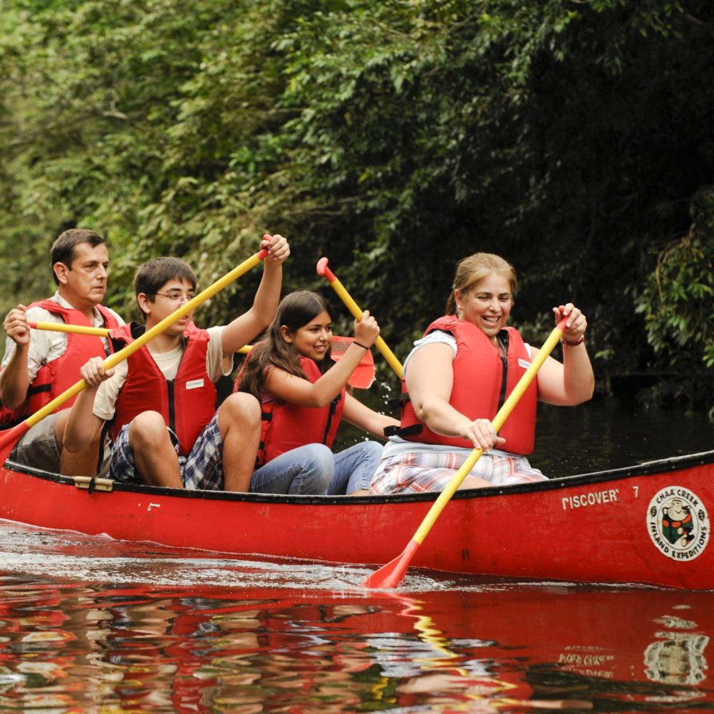 Group paddling on a river in a canoe