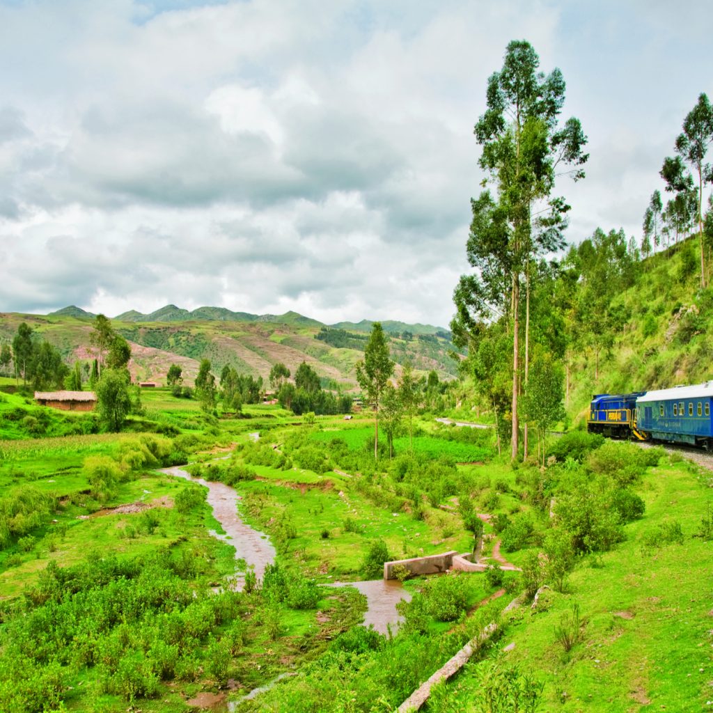 Train passing through greenery in the Peruvian Andes