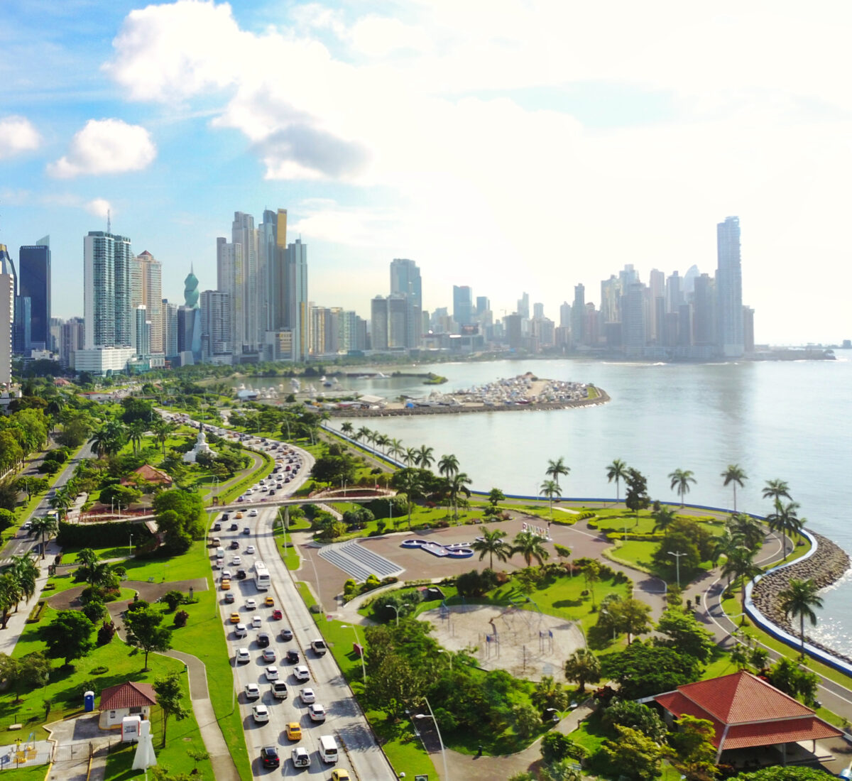 Aerial view of the modern skyline of Panama City , Panama with modern Highrise buildings.