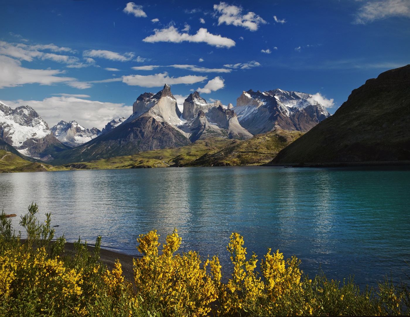 Blue skies over mountains in Torres Del Paine.