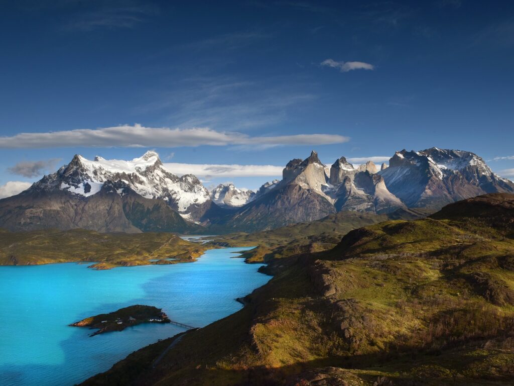 Blue skies over mountains in Torres Del Paine.