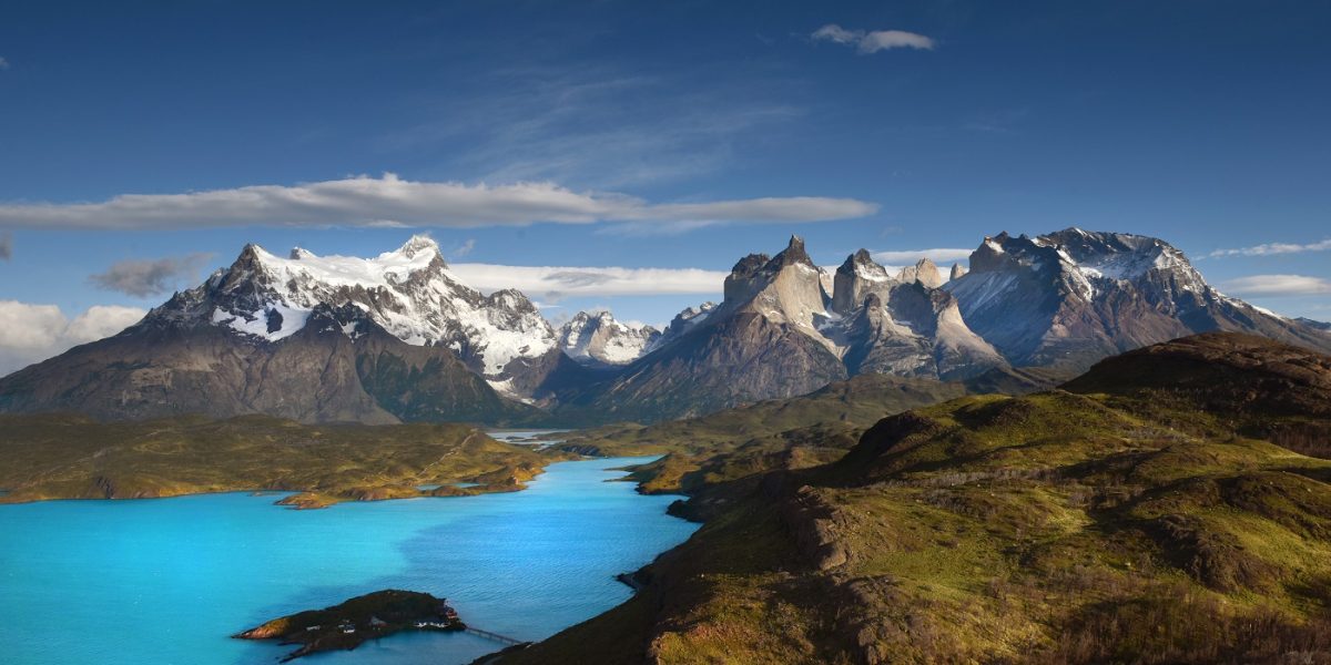 Blue skies over mountains in Torres Del Paine.
