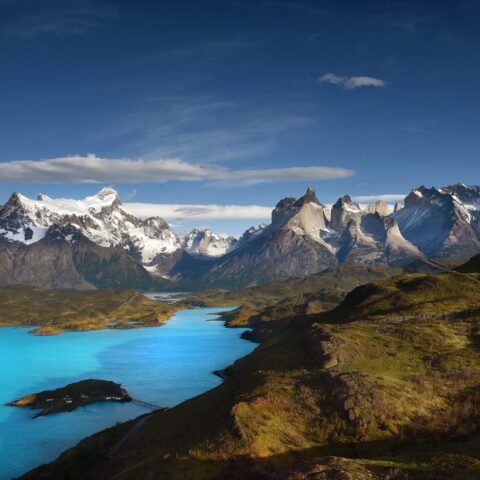 Blue skies over mountains in Torres Del Paine.
