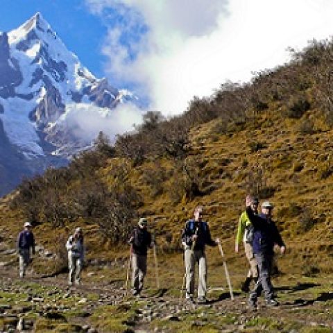 A group trekking in Peru