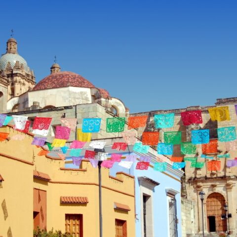 Colourful bunting on a street in Oaxaca, Mexico